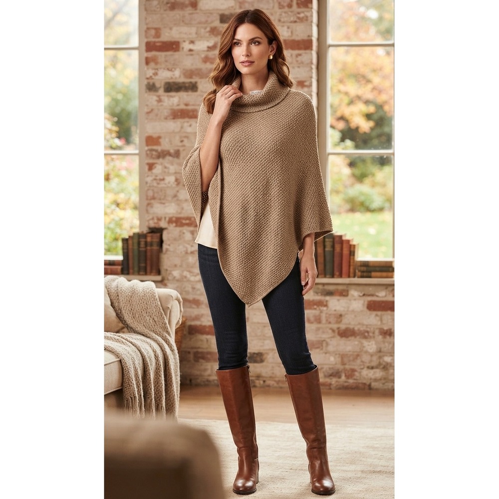 Cocogio Italy Tan Wool Blend Cowl Neck Asymmetrical Poncho Sweater One Size